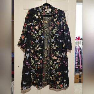 Caroline Rose Floral Black Lomg Jacket Kimono Robe Sz M